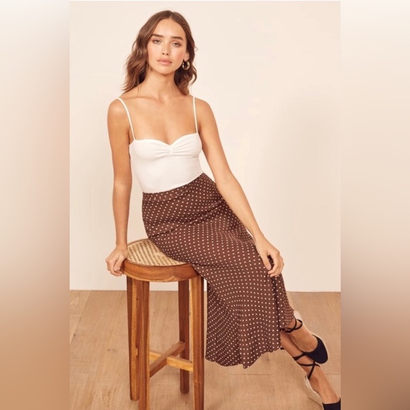 Reformation Bea Midi Skirt in Brown Polka Dot - Picture 1 of 9
